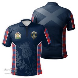 ScotsTee Shop Scottish Galloway Red Clan Scottish Crest and Scottish Thistle Sport Tartan Zipper Polo Shirt