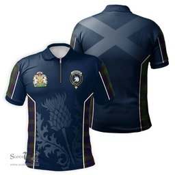 ScotsTee Shop Scottish Cunningham Hunting Clan Scottish Crest and Scottish Thistle Sport Tartan Zipper Polo Shirt