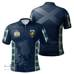 ScotsTee Shop Scottish Campbell Dress Clan Scottish Crest and Scottish Thistle Sport Tartan Zipper Polo Shirt
