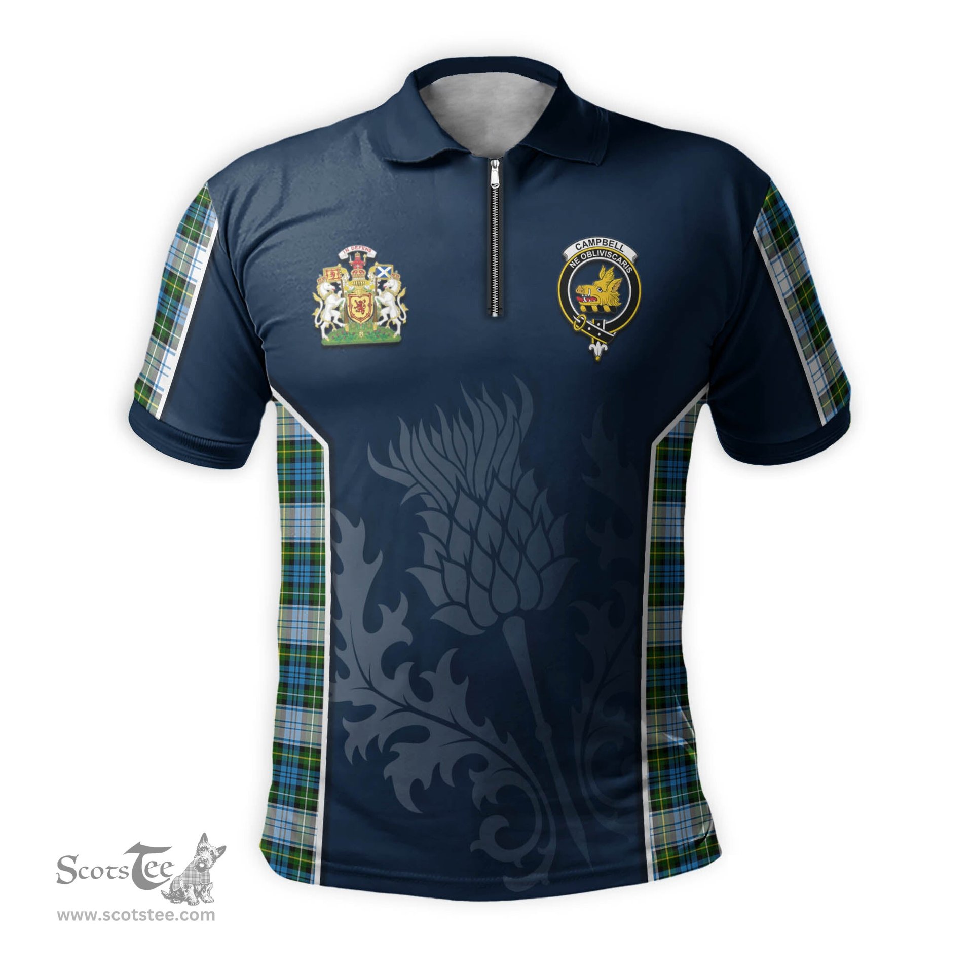 ScotsTee Shop Scottish Campbell Dress Clan Scottish Crest and Scottish Thistle Sport Tartan Zipper Polo Shirt