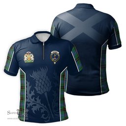 ScotsTee Shop Scottish Davidson Ancient Clan Scottish Crest and Scottish Thistle Sport Tartan Zipper Polo Shirt