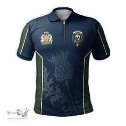 ScotsTee Shop Scottish Kennedy Clan Scottish Crest and Scottish Thistle Sport Tartan Zipper Polo Shirt