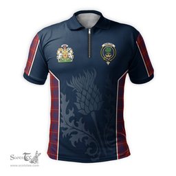 ScotsTee Shop Scottish Hamilton Clan Scottish Crest and Scottish Thistle Sport Tartan Zipper Polo Shirt