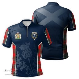 ScotsTee Shop Scottish Cheyne Clan Scottish Crest and Scottish Thistle Sport Tartan Zipper Polo Shirt