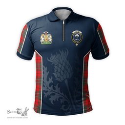 ScotsTee Shop Scottish Cheyne Clan Scottish Crest and Scottish Thistle Sport Tartan Zipper Polo Shirt