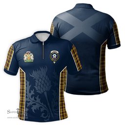 ScotsTee Shop Scottish Jardine Clan Scottish Crest and Scottish Thistle Sport Tartan Zipper Polo Shirt