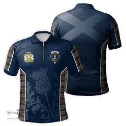 ScotsTee Shop Scottish MacKay Weathered Clan Scottish Crest and Scottish Thistle Sport Tartan Zipper Polo Shirt