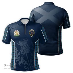 ScotsTee Shop Scottish MacCorquodale Clan Scottish Crest and Scottish Thistle Sport Tartan Zipper Polo Shirt