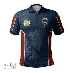 ScotsTee Shop Scottish MacDonald of Sleat Clan Scottish Crest and Scottish Thistle Sport Tartan Zipper Polo Shirt