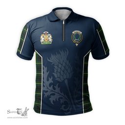 ScotsTee Shop Scottish MacArthur Modern Clan Scottish Crest and Scottish Thistle Sport Tartan Zipper Polo Shirt