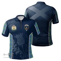 ScotsTee Shop Scottish MacIntyre Hunting Ancient Clan Scottish Crest and Scottish Thistle Sport Tartan Zipper Polo Shirt