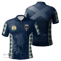 ScotsTee Shop Scottish Gordon Dress Ancient Clan Scottish Crest and Scottish Thistle Sport Tartan Zipper Polo Shirt