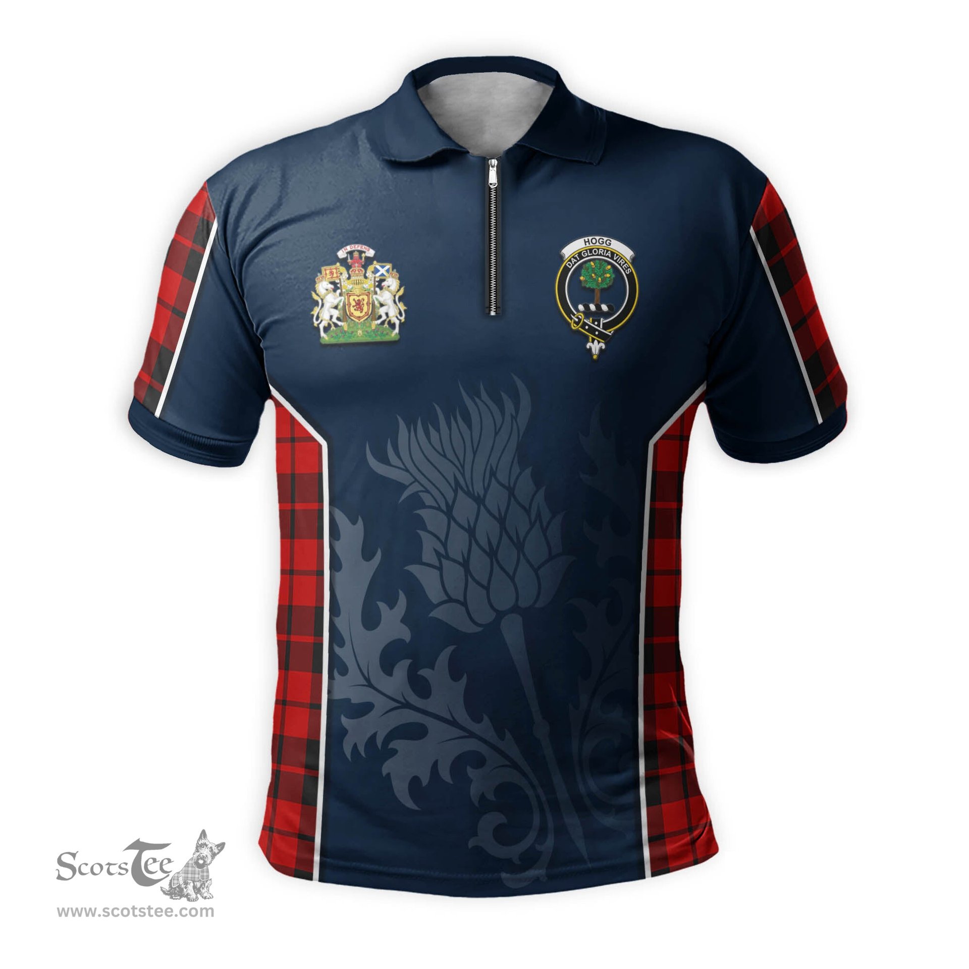 ScotsTee Shop Scottish Hogg Clan Scottish Crest and Scottish Thistle Sport Tartan Zipper Polo Shirt