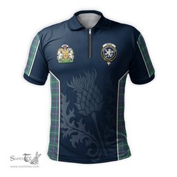 ScotsTee Shop Scottish Inglis Ancient Clan Scottish Crest and Scottish Thistle Sport Tartan Zipper Polo Shirt
