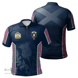 ScotsTee Shop Scottish Lindsay Ancient Clan Scottish Crest and Scottish Thistle Sport Tartan Zipper Polo Shirt