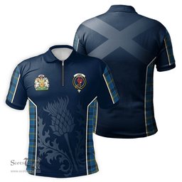 ScotsTee Shop Scottish Laing Clan Scottish Crest and Scottish Thistle Sport Tartan Zipper Polo Shirt