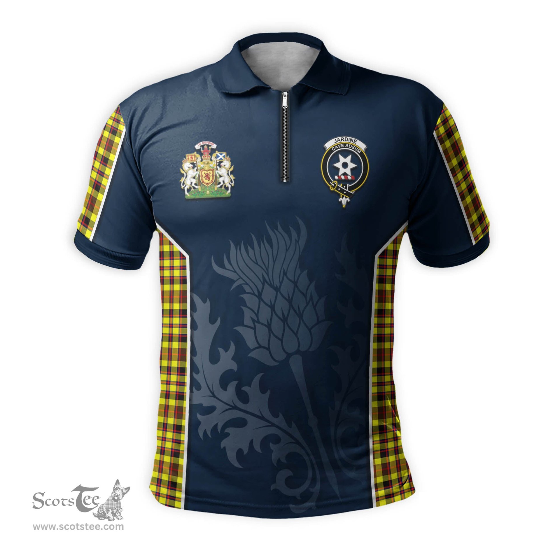 ScotsTee Shop Scottish Jardine Modern Clan Scottish Crest and Scottish Thistle Sport Tartan Zipper Polo Shirt