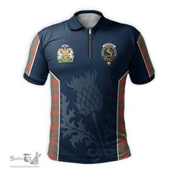 ScotsTee Shop Scottish MacIntosh Ancient Clan Scottish Crest and Scottish Thistle Sport Tartan Zipper Polo Shirt