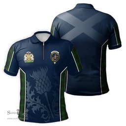 ScotsTee Shop Scottish MacAulay Hunting Clan Scottish Crest and Scottish Thistle Sport Tartan Zipper Polo Shirt