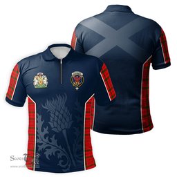ScotsTee Shop Scottish MacDonell of Keppoch Modern Clan Scottish Crest and Scottish Thistle Sport Tartan Zipper Polo Shirt