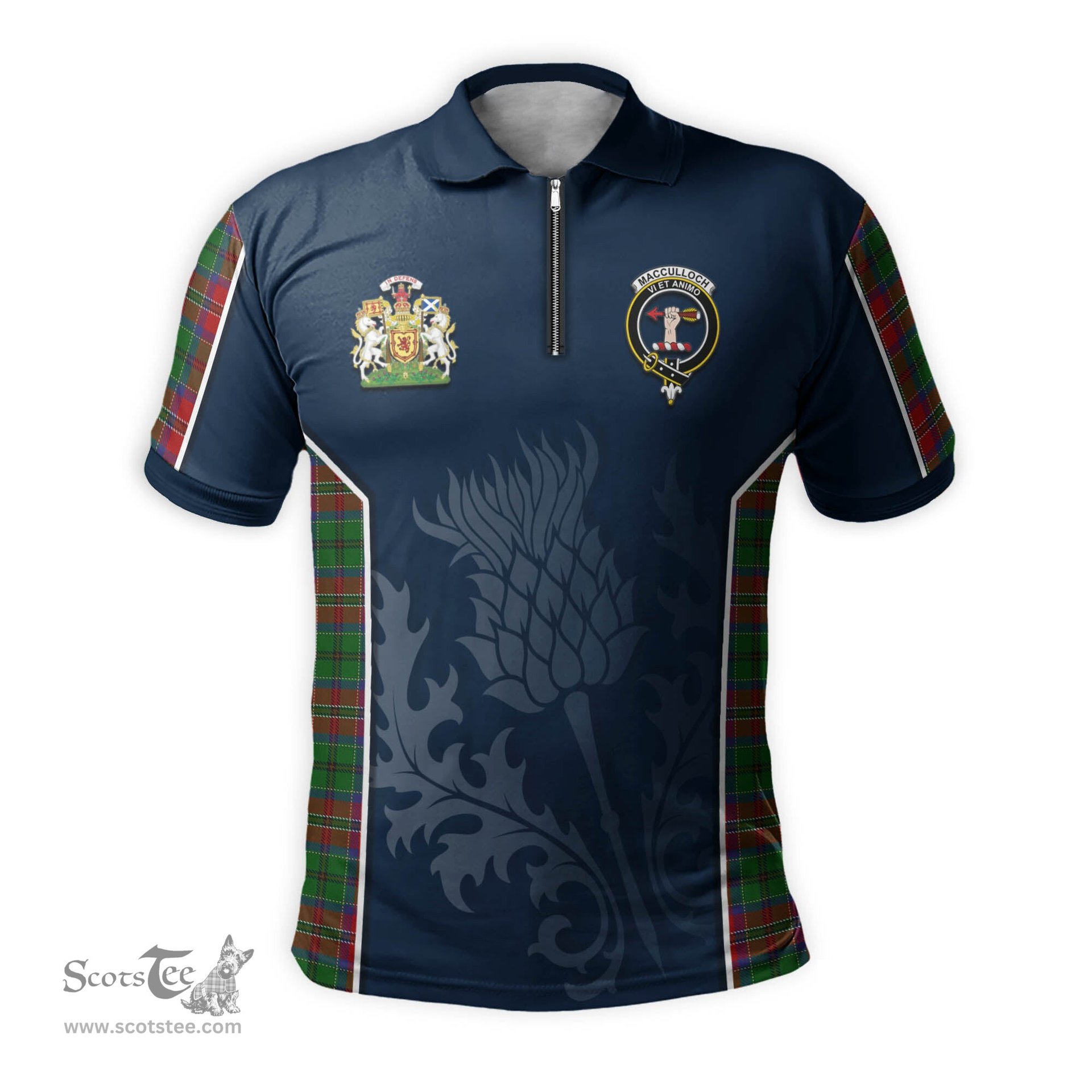 ScotsTee Shop Scottish MacCulloch Clan Scottish Crest and Scottish Thistle Sport Tartan Zipper Polo Shirt
