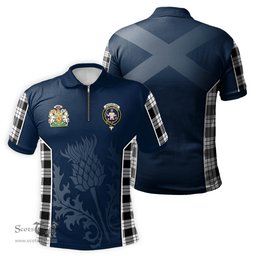ScotsTee Shop Scottish MacFarlane Black White Clan Scottish Crest and Scottish Thistle Sport Tartan Zipper Polo Shirt