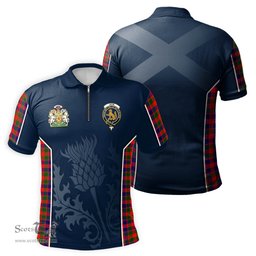 ScotsTee Shop Scottish Gow Modern Clan Scottish Crest and Scottish Thistle Sport Tartan Zipper Polo Shirt