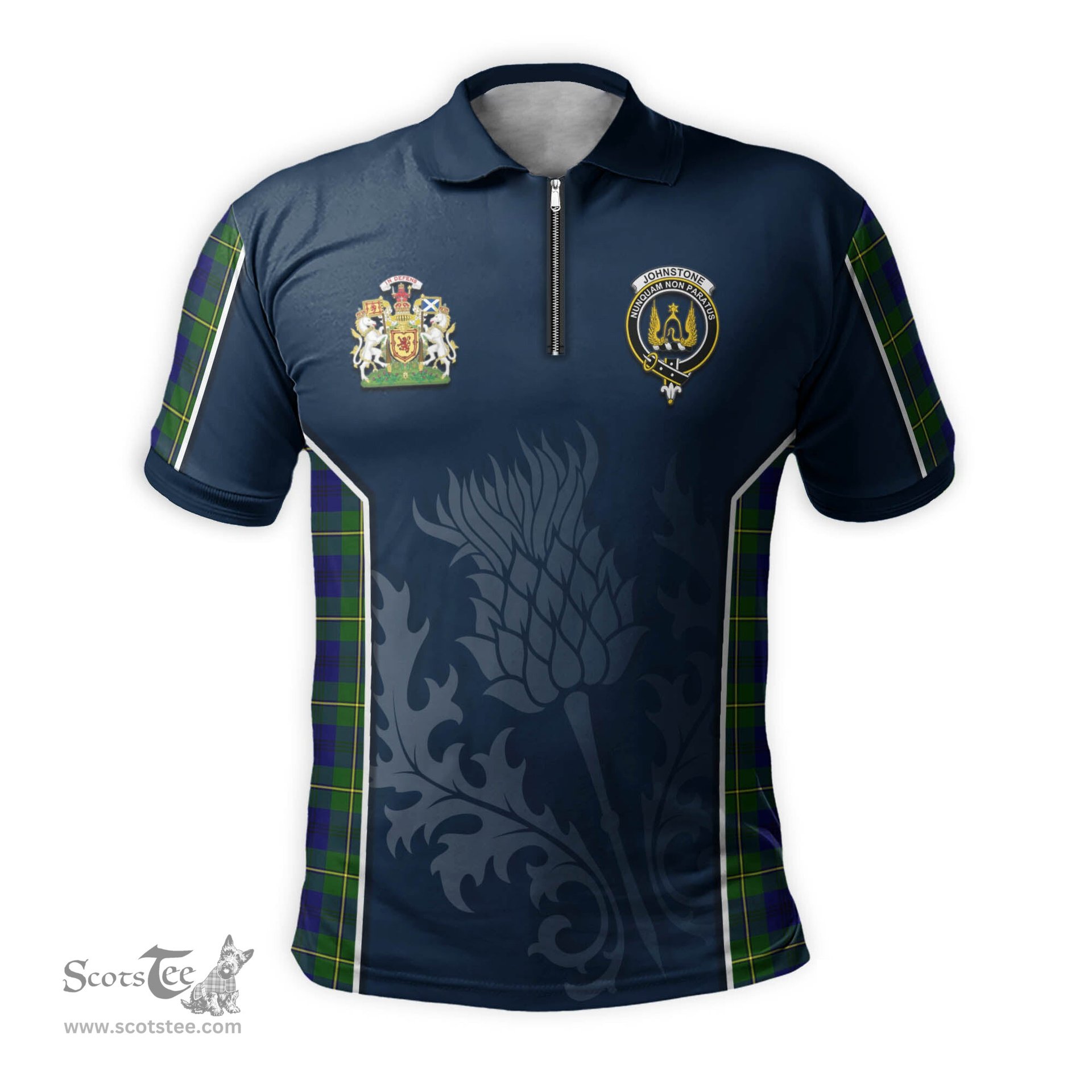 ScotsTee Shop Scottish Johnstone-Johnston Modern Clan Scottish Crest and Scottish Thistle Sport Tartan Zipper Polo Shirt