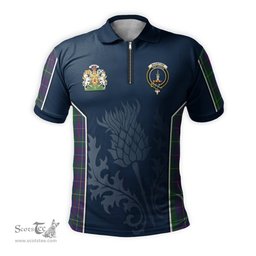 ScotsTee Shop Scottish MacIntyre Inglis Clan Scottish Crest and Scottish Thistle Sport Tartan Zipper Polo Shirt