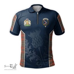 ScotsTee Shop Scottish MacDougall Ancient Clan Scottish Crest and Scottish Thistle Sport Tartan Zipper Polo Shirt