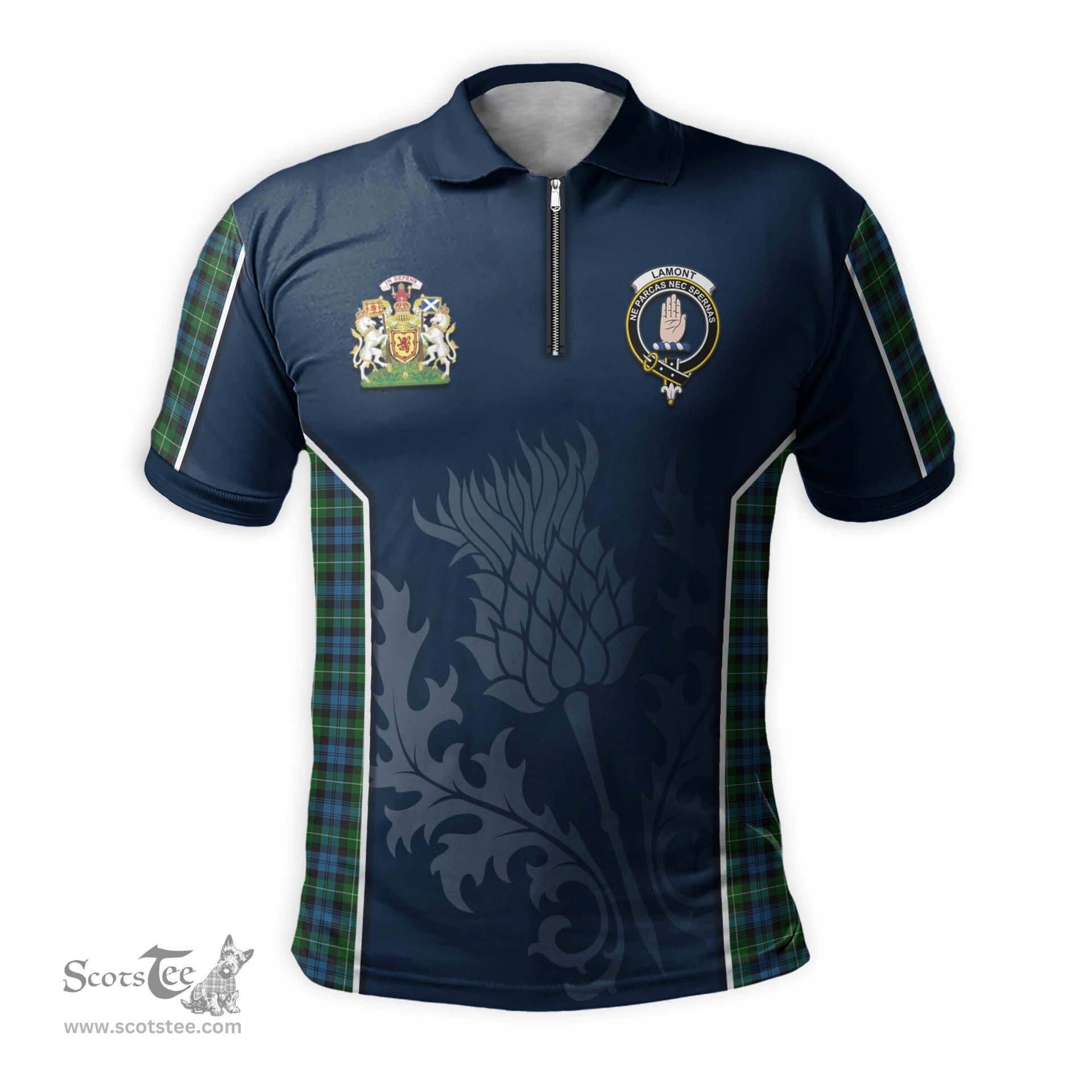 ScotsTee Shop Scottish Lamont Clan Scottish Crest and Scottish Thistle Sport Tartan Zipper Polo Shirt