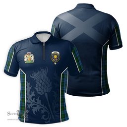 ScotsTee Shop Scottish Kerr Hunting Clan Scottish Crest and Scottish Thistle Sport Tartan Zipper Polo Shirt