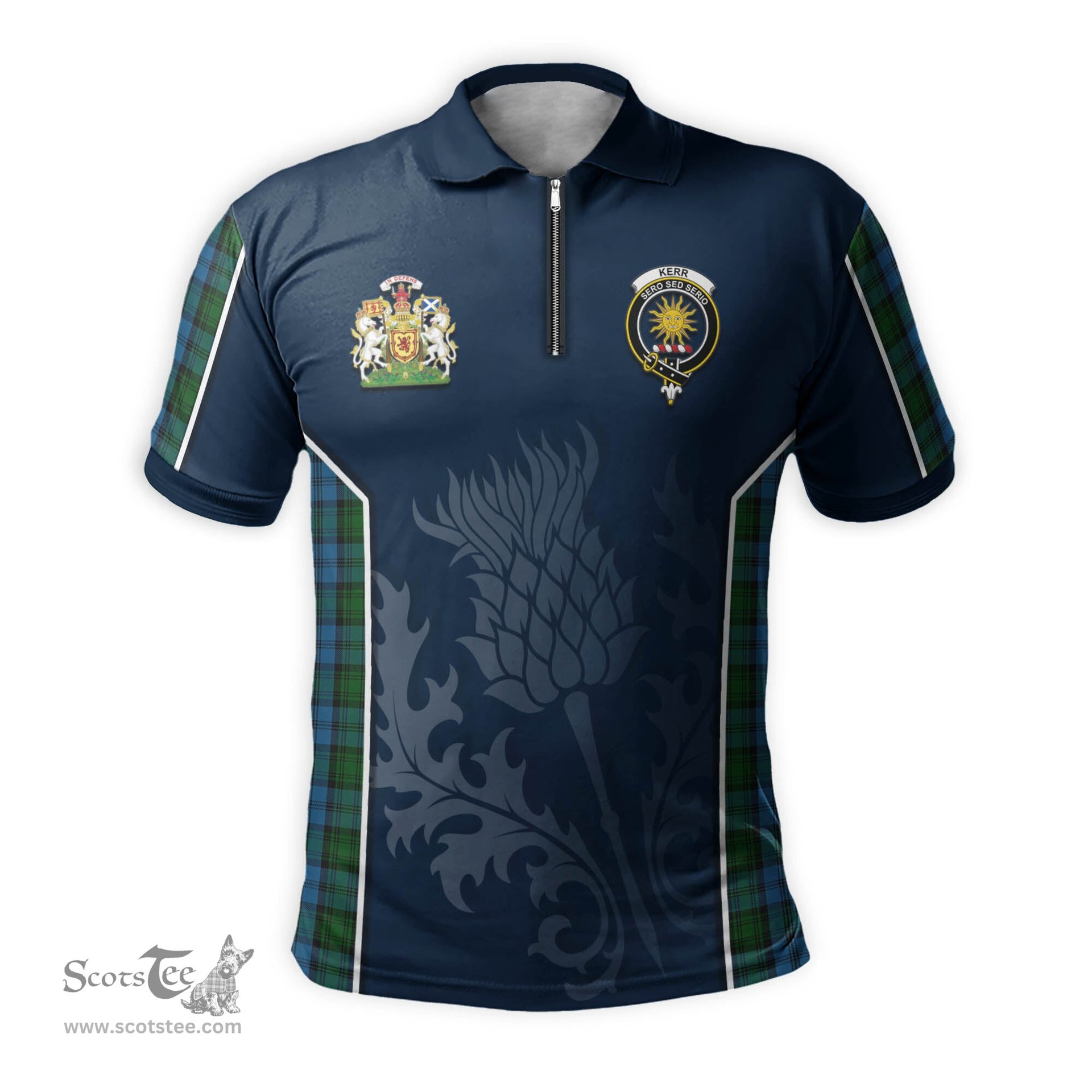 ScotsTee Shop Scottish Kerr Hunting Clan Scottish Crest and Scottish Thistle Sport Tartan Zipper Polo Shirt