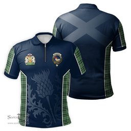 ScotsTee Shop Scottish MacDonald Lord of the Isles Hunting Clan Scottish Crest and Scottish Thistle Sport Tartan Zipper Polo Shirt