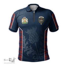 ScotsTee Shop Scottish Graham of Menteith Red Clan Scottish Crest and Scottish Thistle Sport Tartan Zipper Polo Shirt