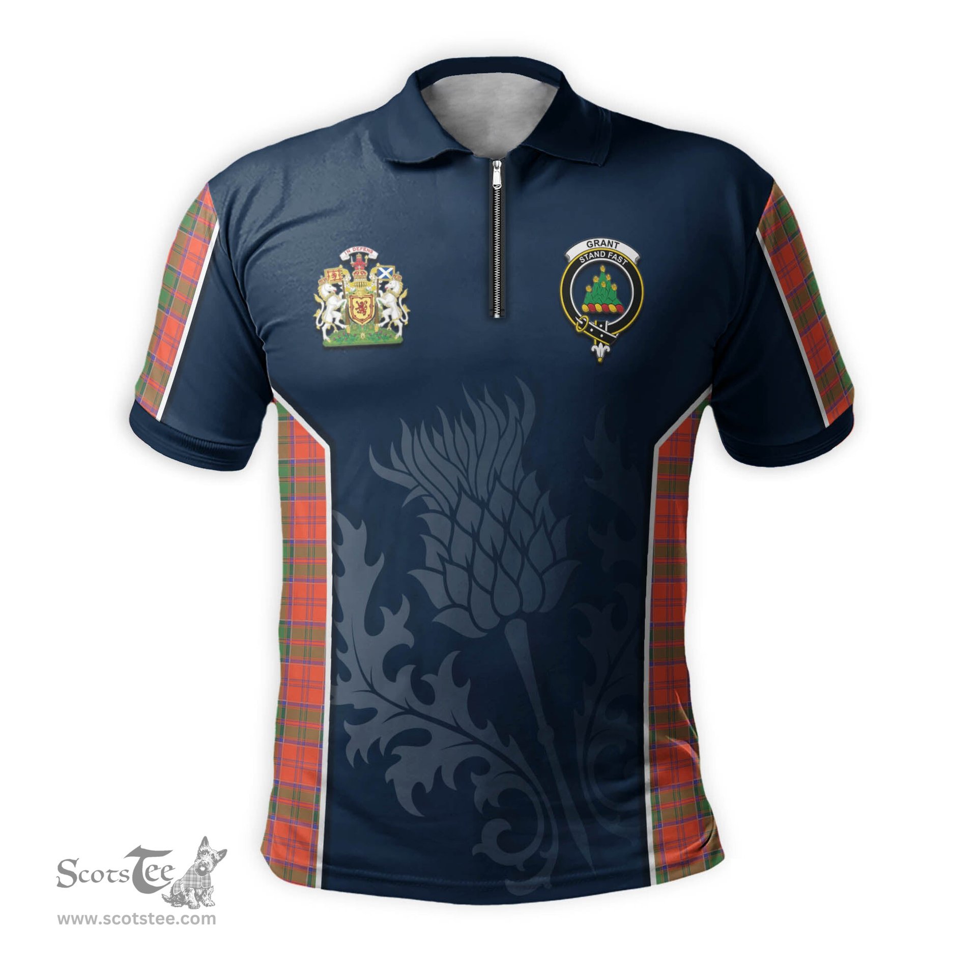 ScotsTee Shop Scottish Grant Ancient Clan Scottish Crest and Scottish Thistle Sport Tartan Zipper Polo Shirt
