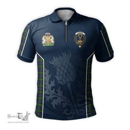 ScotsTee Shop Scottish Gordon Clan Scottish Crest and Scottish Thistle Sport Tartan Zipper Polo Shirt