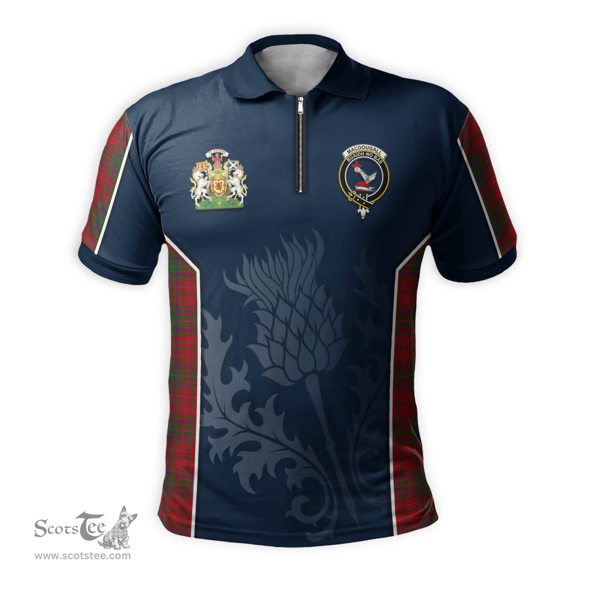 ScotsTee Shop Scottish MacDougall Clan Scottish Crest and Scottish Thistle Sport Tartan Zipper Polo Shirt