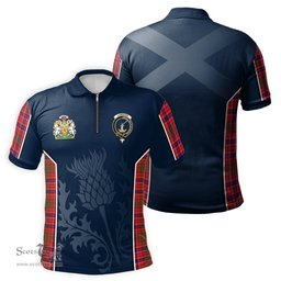 ScotsTee Shop Scottish Lumsden Modern Clan Scottish Crest and Scottish Thistle Sport Tartan Zipper Polo Shirt