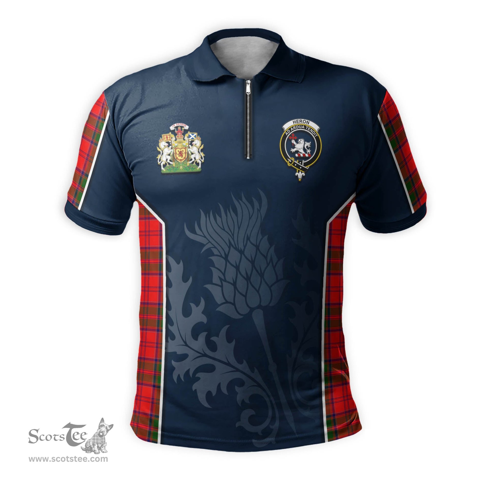 ScotsTee Shop Scottish Heron Clan Scottish Crest and Scottish Thistle Sport Tartan Zipper Polo Shirt