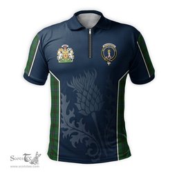 ScotsTee Shop Scottish MacKendrick Clan Scottish Crest and Scottish Thistle Sport Tartan Zipper Polo Shirt