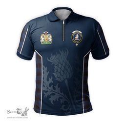 ScotsTee Shop Scottish Home (Hume) Clan Scottish Crest and Scottish Thistle Sport Tartan Zipper Polo Shirt