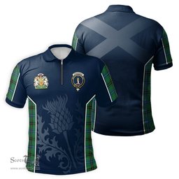 ScotsTee Shop Scottish Henderson Ancient Clan Scottish Crest and Scottish Thistle Sport Tartan Zipper Polo Shirt