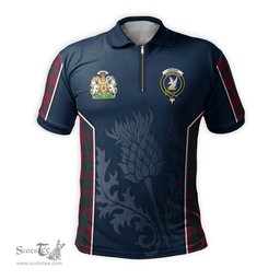 ScotsTee Shop Scottish Lindsay Clan Scottish Crest and Scottish Thistle Sport Tartan Zipper Polo Shirt