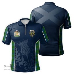 ScotsTee Shop Scottish Johnstone-Johnston Clan Scottish Crest and Scottish Thistle Sport Tartan Zipper Polo Shirt