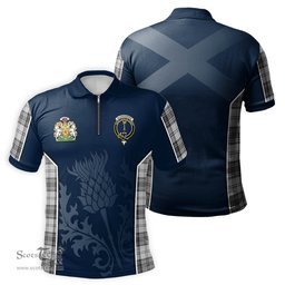 ScotsTee Shop Scottish Glendinning Clan Scottish Crest and Scottish Thistle Sport Tartan Zipper Polo Shirt