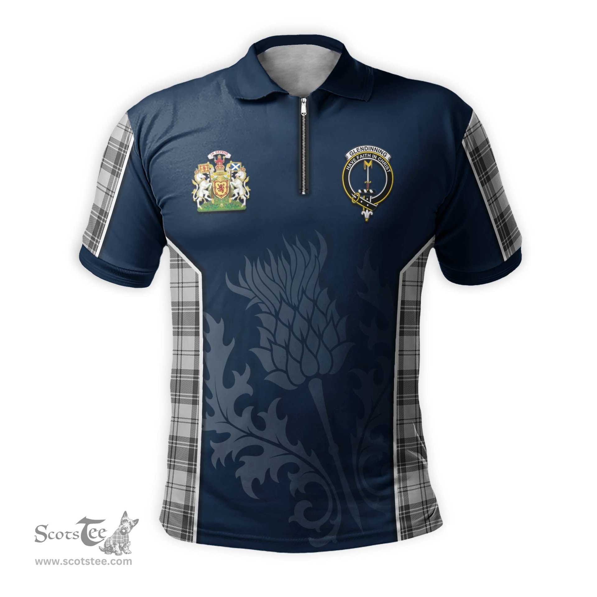 ScotsTee Shop Scottish Glendinning Clan Scottish Crest and Scottish Thistle Sport Tartan Zipper Polo Shirt