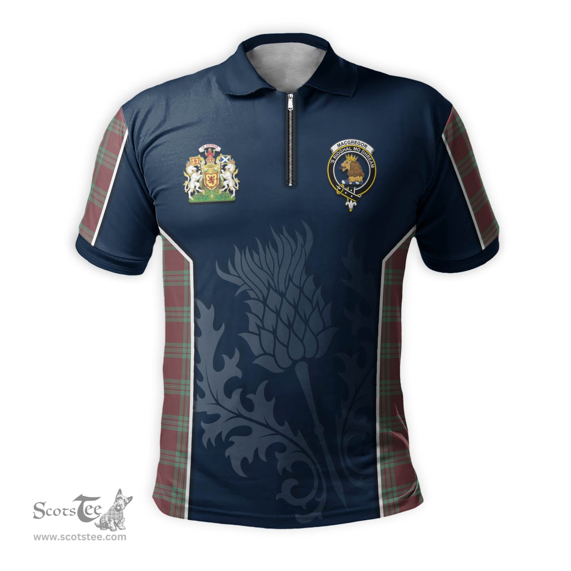 ScotsTee Shop Scottish MacGregor Hunting Ancient Clan Scottish Crest and Scottish Thistle Sport Tartan Zipper Polo Shirt