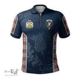ScotsTee Shop Scottish Lindsay Dress Red Clan Scottish Crest and Scottish Thistle Sport Tartan Zipper Polo Shirt