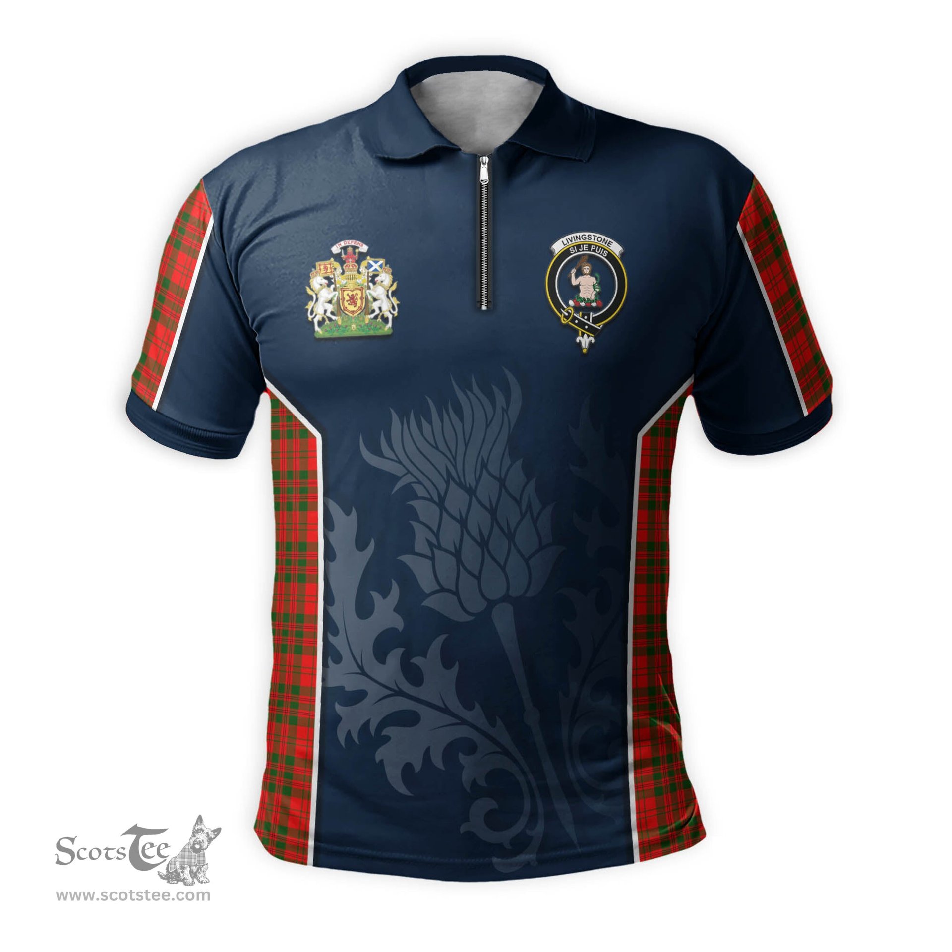 ScotsTee Shop Scottish Livingston Modern Clan Scottish Crest and Scottish Thistle Sport Tartan Zipper Polo Shirt